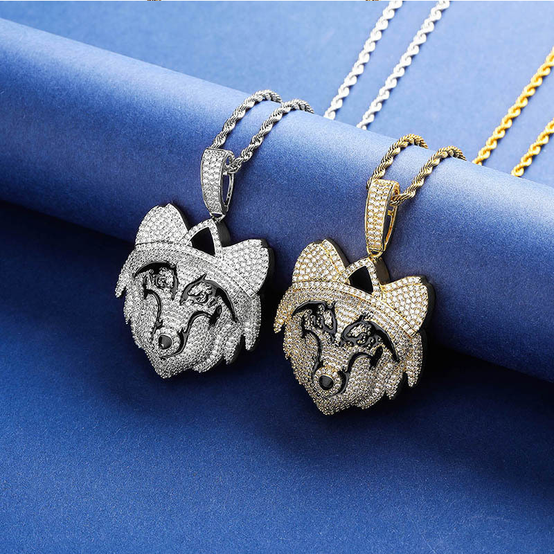 White Gold Iced Wolf Pendant Tripodjewelry