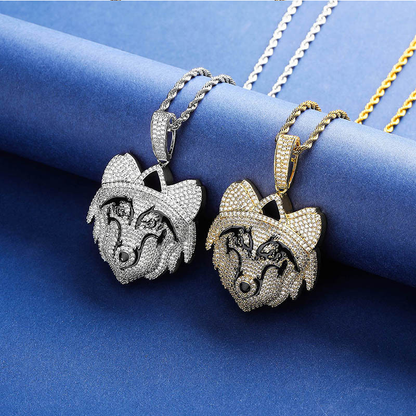 White Gold Iced Wolf Pendant Tripodjewelry