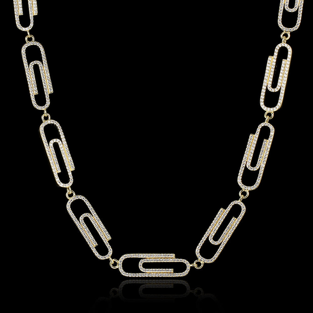14K/White Gold Plated Iced Out Paper Clip Link Chain Tripodjewelry