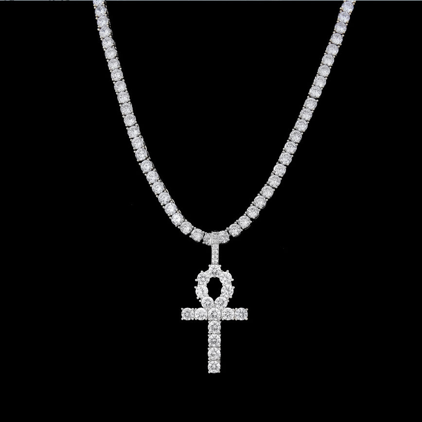 White Gold Iced Out Ankh Cross Pendant Necklace