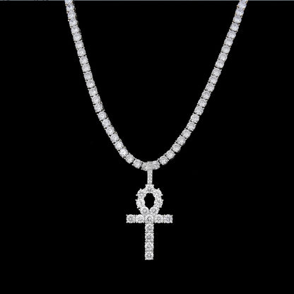White Gold Iced Out Ankh Cross Pendant Necklace