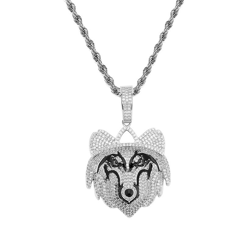 White Gold Iced Wolf Pendant Tripodjewelry