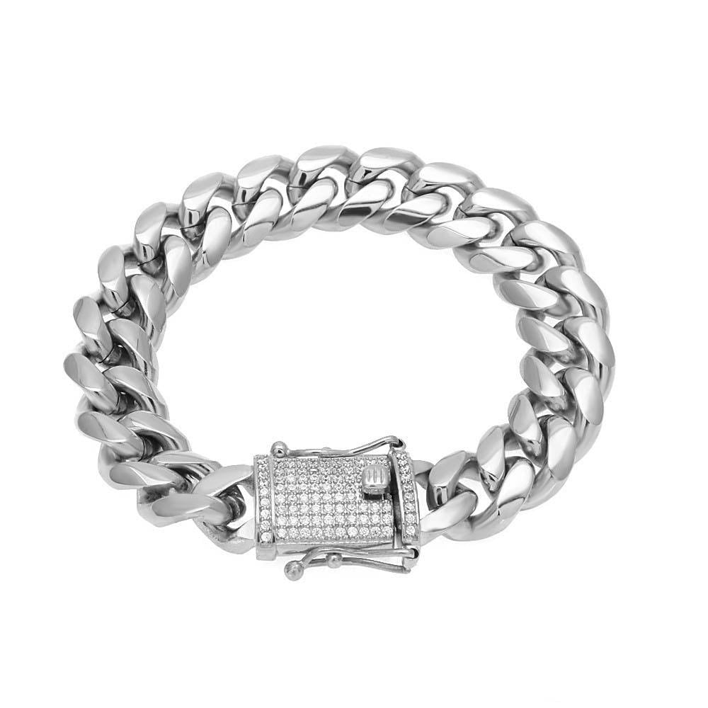 8MM White Gold Plated Stainless Steel Iced Out Miami Cuban Link Bracelet