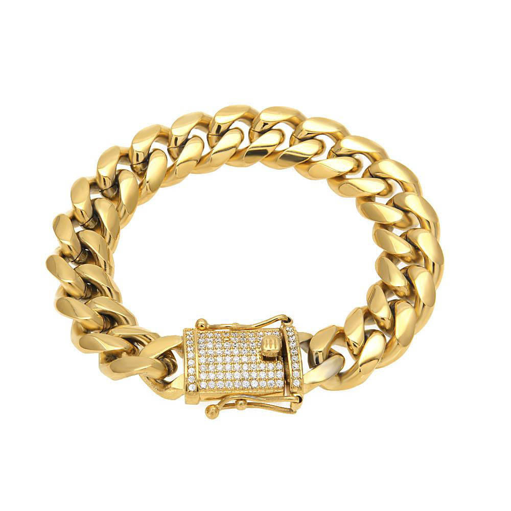 16MM 14K Gold Plated Stainless Steel Iced Out Miami Cuban Link Bracelet