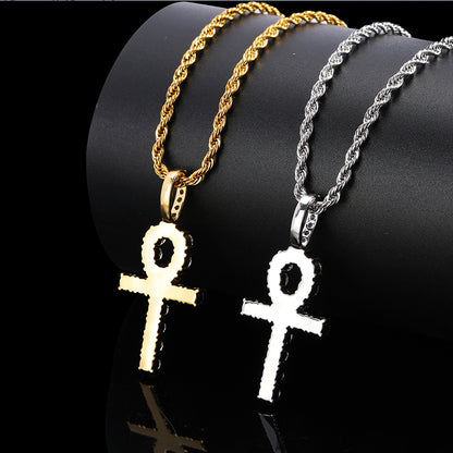 White Gold Iced Out Ankh Cross Pendant Necklace