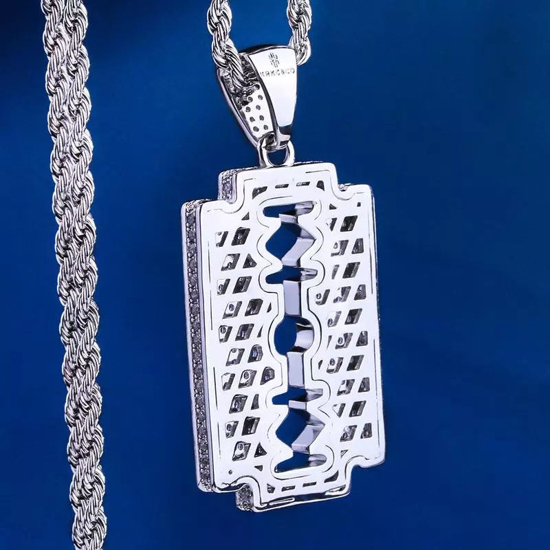 White Gold Iced  Razor Blade Pendant Tripodjewelry
