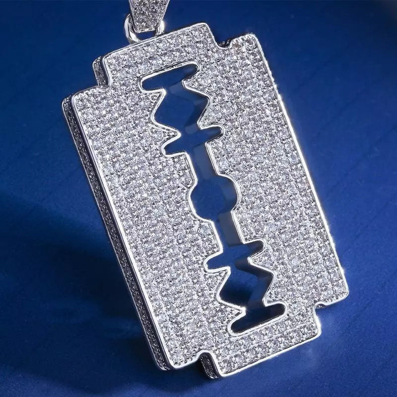 White Gold Iced  Razor Blade Pendant Tripodjewelry