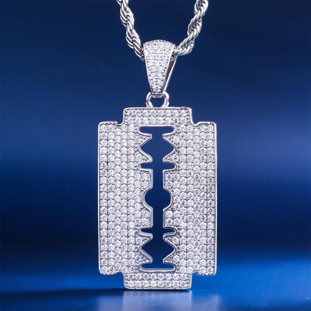 White Gold Iced  Razor Blade Pendant Tripodjewelry