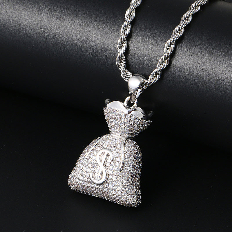 White Gold Iced Out Money Bag Pendant Tripodjewelry