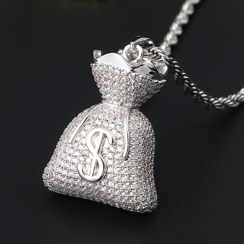 White Gold Iced Out Money Bag Pendant Tripodjewelry